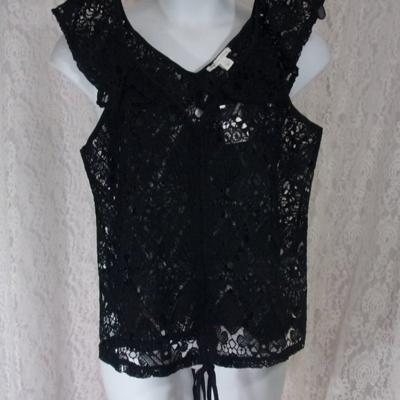 Black Lace Pop Over Top Blouse Ruched Front Size L NWT - Picture 2 of 8